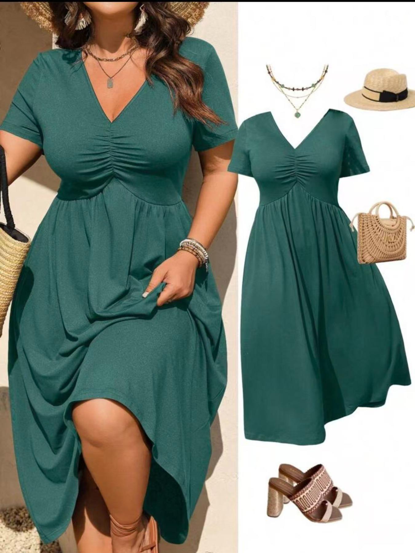 ⏰ 50 % RABATT – Nur für kurze Zeit ✨Midi-Kleid in Übergröße mit V-Ausschnitt, Rüschen und kurzen Ärmeln
