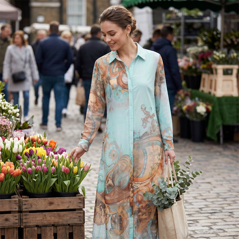 ✨ Exklusiv – 50 % RABATT! 👗 Elegantes Boho-Kleid mit Knopfleiste – Retro-Muster, fließende Silhouette & perfekt für Feste, Urlaub & Alltag 🌿
