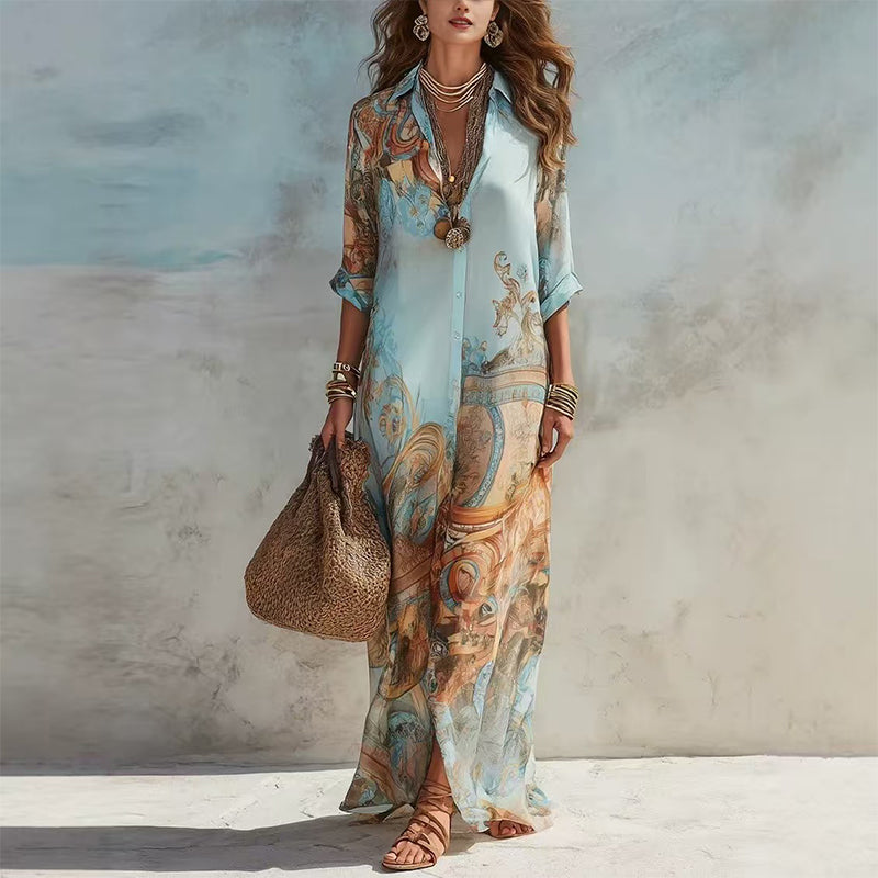 ✨ Exklusiv – 50 % RABATT! 👗 Elegantes Boho-Kleid mit Knopfleiste – Retro-Muster, fließende Silhouette & perfekt für Feste, Urlaub & Alltag 🌿