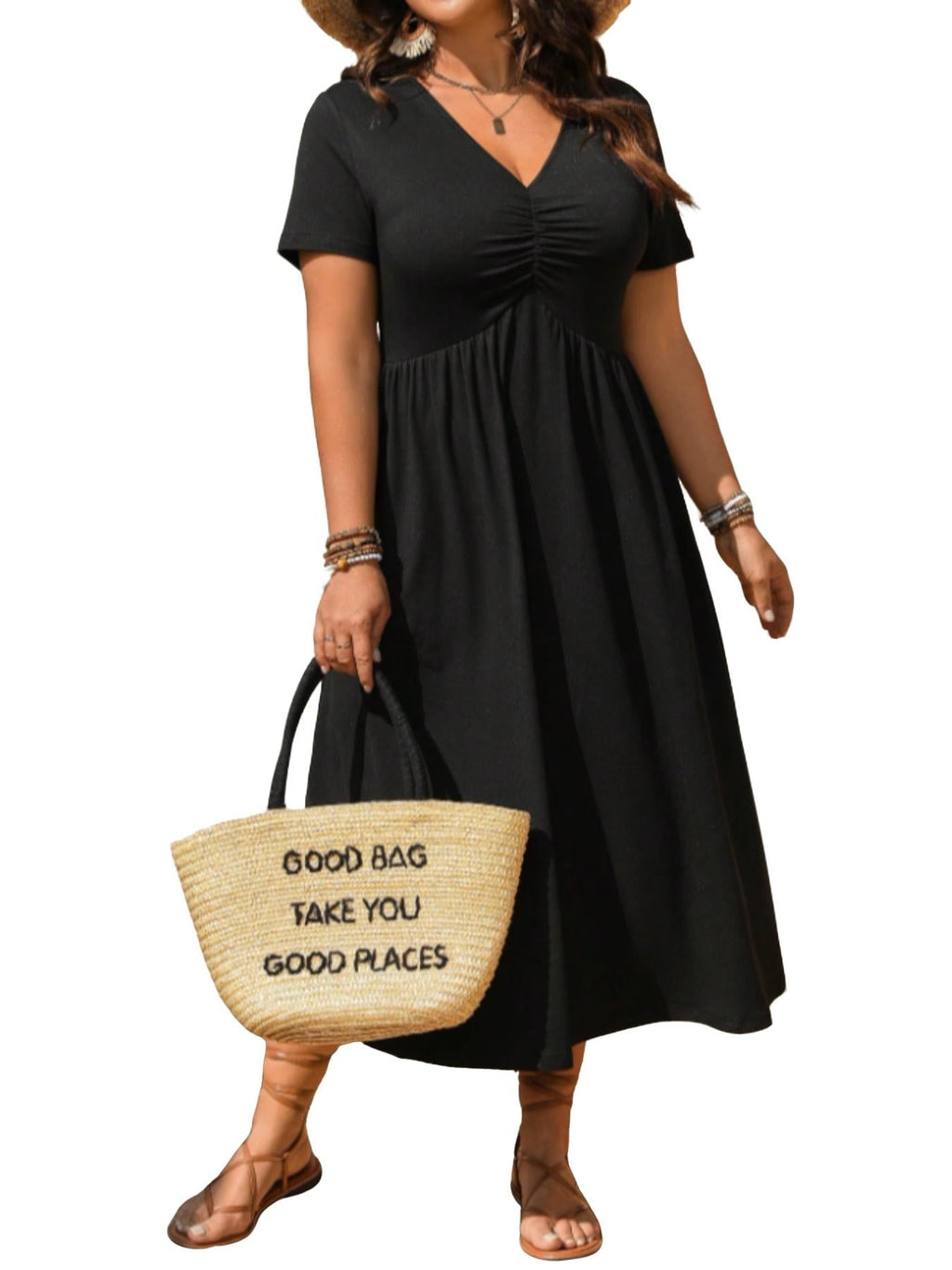 ⏰ 50 % RABATT – Nur für kurze Zeit ✨Midi-Kleid in Übergröße mit V-Ausschnitt, Rüschen und kurzen Ärmeln