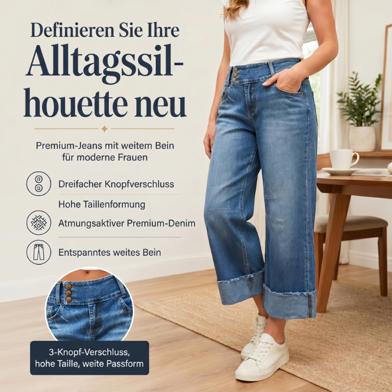 ⏰ 50 % RABATT – Nur für kurze Zeit ✨👖 Figurschmeichelnde Cropped Denim-Jeans mit hoher Taille & weiter Beinweite – 3-facher Knopfverschluss, umgeschlagene Säume & atmungsaktive Qualität