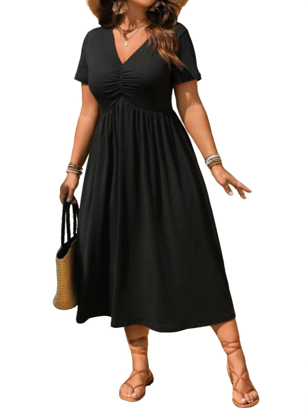 ⏰ 50 % RABATT – Nur für kurze Zeit ✨Midi-Kleid in Übergröße mit V-Ausschnitt, Rüschen und kurzen Ärmeln