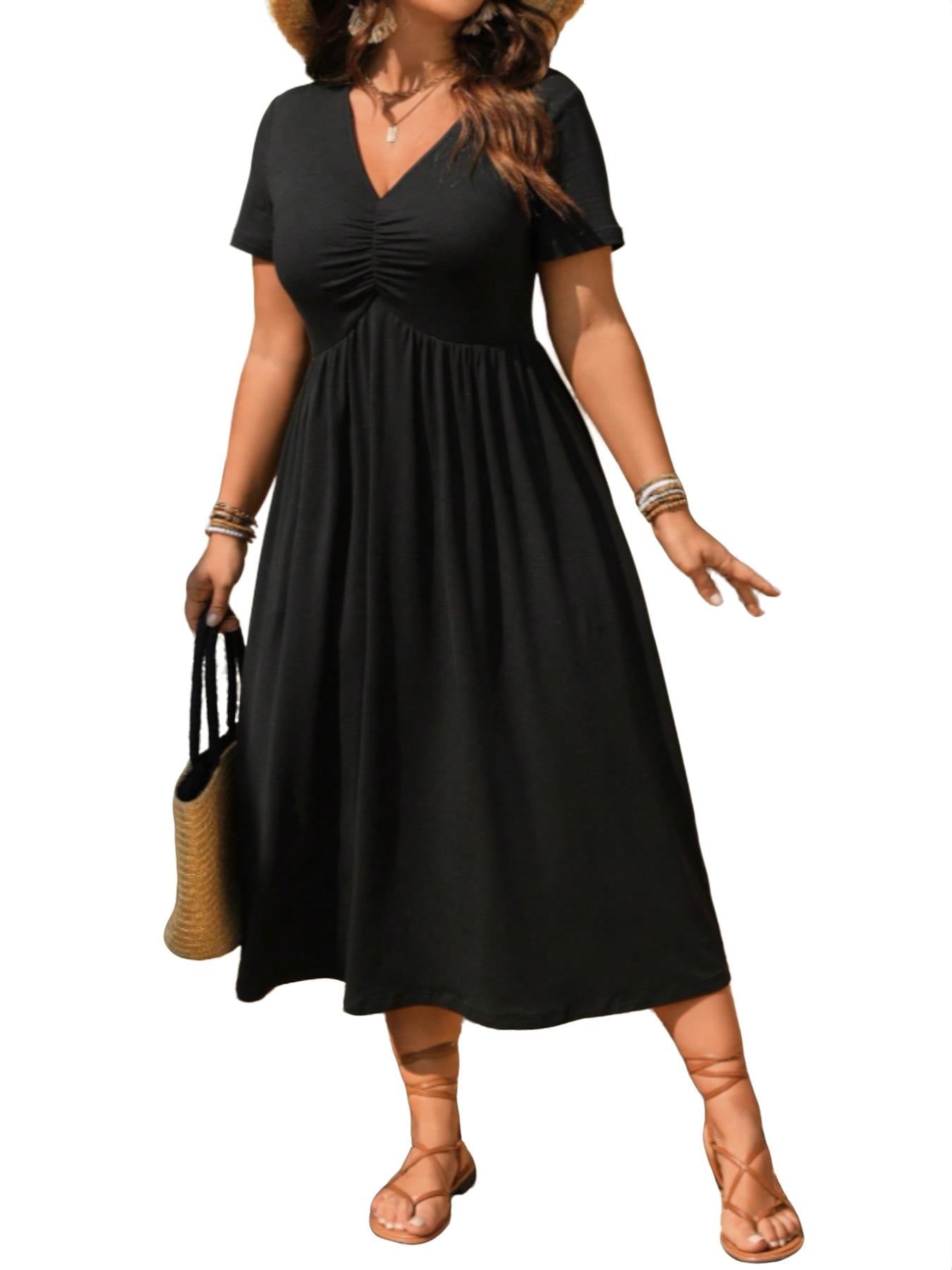 ⏰ 50 % RABATT – Nur für kurze Zeit ✨Midi-Kleid in Übergröße mit V-Ausschnitt, Rüschen und kurzen Ärmeln
