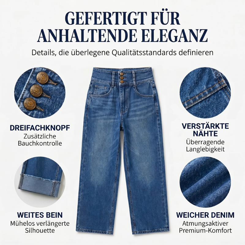 ⏰ 50 % RABATT – Nur für kurze Zeit ✨👖 Figurschmeichelnde Cropped Denim-Jeans mit hoher Taille & weiter Beinweite – 3-facher Knopfverschluss, umgeschlagene Säume & atmungsaktive Qualität