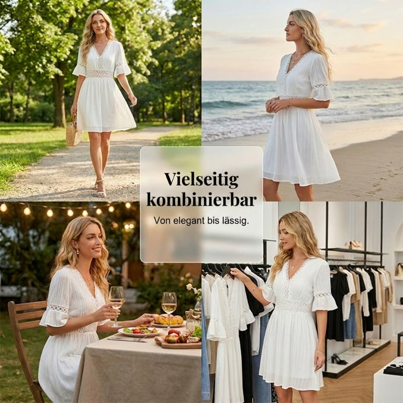 👗 50% RABATT! ✨ Schickes Kleid mit V-Ausschnitt & Spitzenausschnitten – Feminin & luftig – Perfekt für Sommer, Hochzeit oder romantische Abende – eleganter Blickfang mit feinen Details 🌸