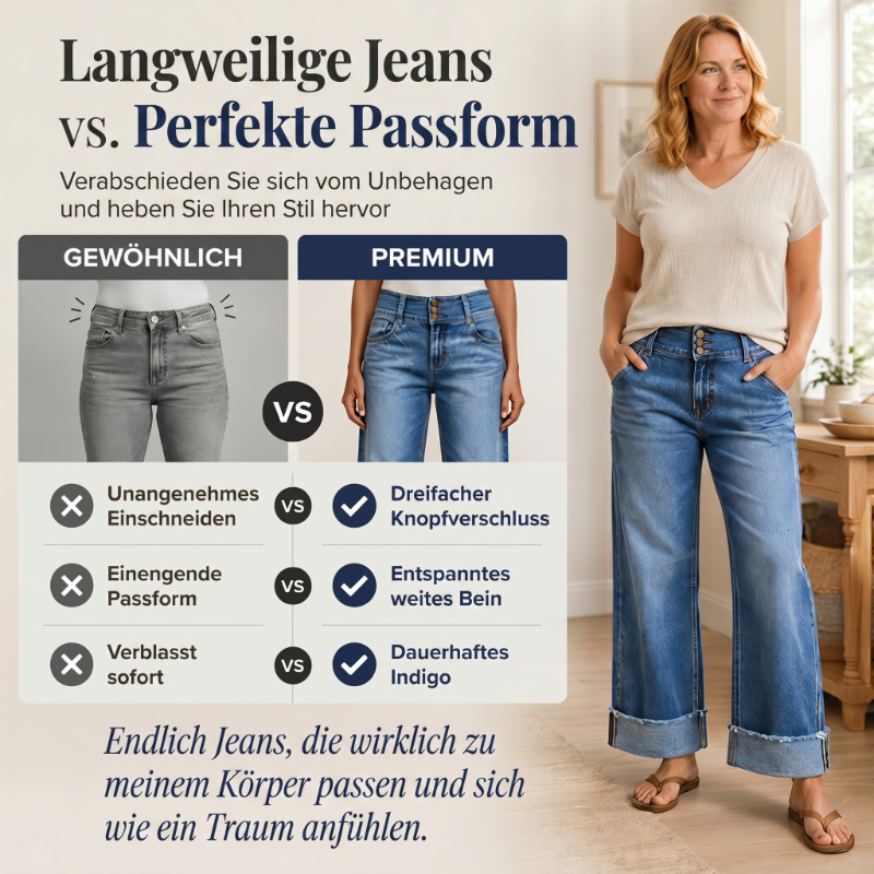 ⏰ 50 % RABATT – Nur für kurze Zeit ✨👖 Figurschmeichelnde Cropped Denim-Jeans mit hoher Taille & weiter Beinweite – 3-facher Knopfverschluss, umgeschlagene Säume & atmungsaktive Qualität