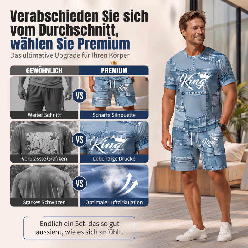 Herren Lässiges Kunstdenim-Print T-Shirt & Shorts Set