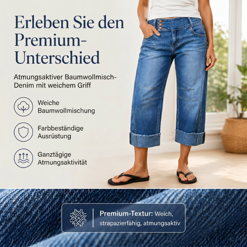 ⏰ 50 % RABATT – Nur für kurze Zeit ✨👖 Figurschmeichelnde Cropped Denim-Jeans mit hoher Taille & weiter Beinweite – 3-facher Knopfverschluss, umgeschlagene Säume & atmungsaktive Qualität