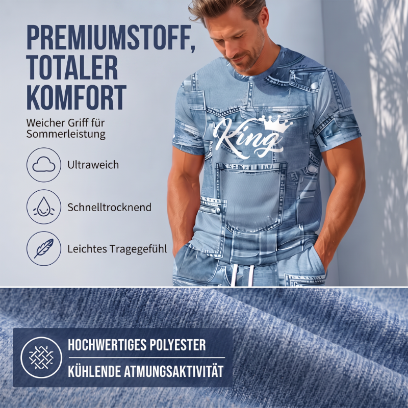 Herren Lässiges Kunstdenim-Print T-Shirt & Shorts Set