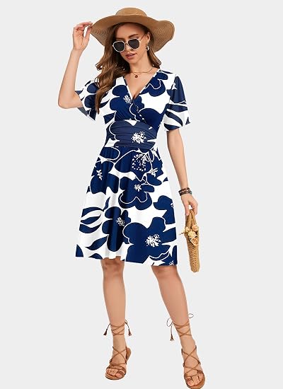 ⏰ 50 % RABATT – Nur für kurze Zeit 🌸 Damen Sommerkleid mit V-Ausschnitt ✨ Florales Muster, Rüschenärmel, Wickeloptik & Praktische Taschen