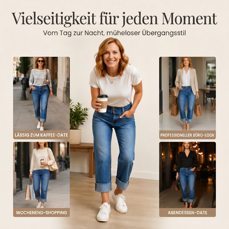 ⏰ 50 % RABATT – Nur für kurze Zeit ✨👖 Figurschmeichelnde Cropped Denim-Jeans mit hoher Taille & weiter Beinweite – 3-facher Knopfverschluss, umgeschlagene Säume & atmungsaktive Qualität