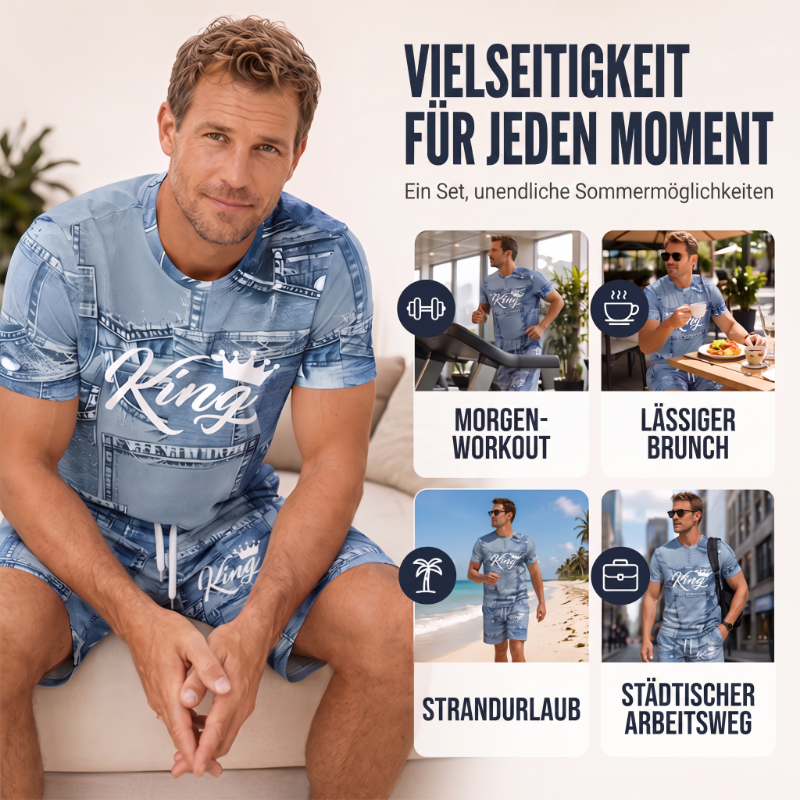 Herren Lässiges Kunstdenim-Print T-Shirt & Shorts Set
