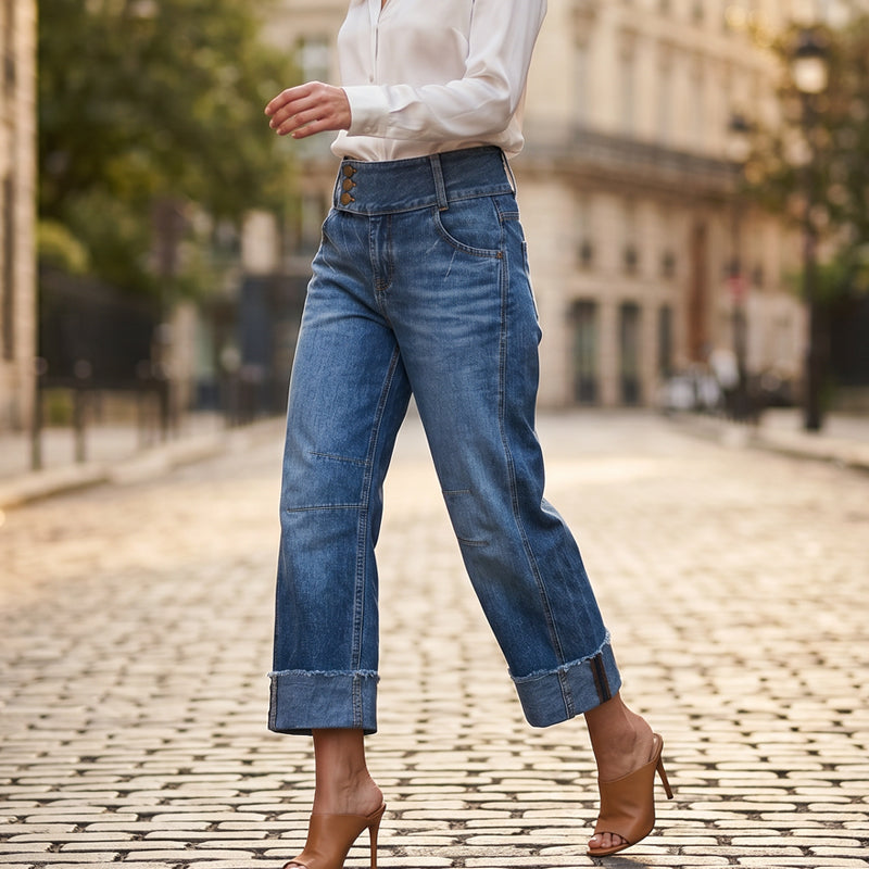 ⏰ 50 % RABATT – Nur für kurze Zeit ✨👖 Figurschmeichelnde Cropped Denim-Jeans mit hoher Taille & weiter Beinweite – 3-facher Knopfverschluss, umgeschlagene Säume & atmungsaktive Qualität