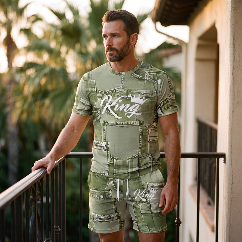 Herren Lässiges Kunstdenim-Print T-Shirt & Shorts Set