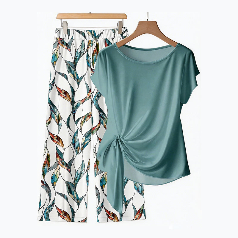 ⏰ 50 % RABATT – Nur für kurze Zeit ✨ Damen-Set: Oberteil mit seitlicher Bindung & stylische gemusterte Hose ✨ Sommerlook, bequem & modern