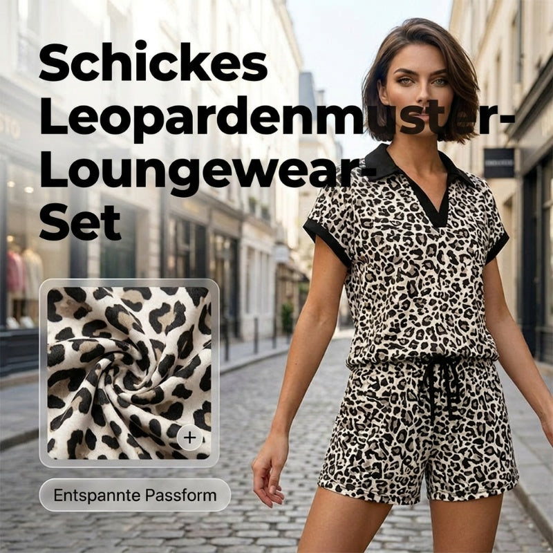 🐆 Women's Leopard Print Short Sleeve Shorts Set – Collared Two-Piece Loungewear, Trendy Summer Outfit for Home, Vacation & Beyond