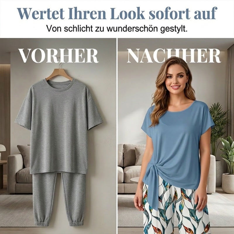 ⏰ 50 % RABATT – Nur für kurze Zeit ✨ Damen-Set: Oberteil mit seitlicher Bindung & stylische gemusterte Hose ✨ Sommerlook, bequem & modern