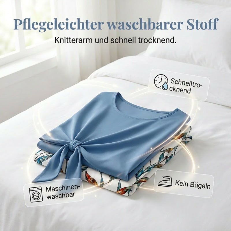 ⏰ 50 % RABATT – Nur für kurze Zeit ✨ Damen-Set: Oberteil mit seitlicher Bindung & stylische gemusterte Hose ✨ Sommerlook, bequem & modern