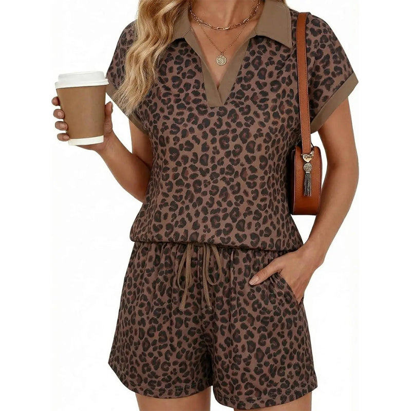 🐆 Women's Leopard Print Short Sleeve Shorts Set – Collared Two-Piece Loungewear, Trendy Summer Outfit for Home, Vacation & Beyond