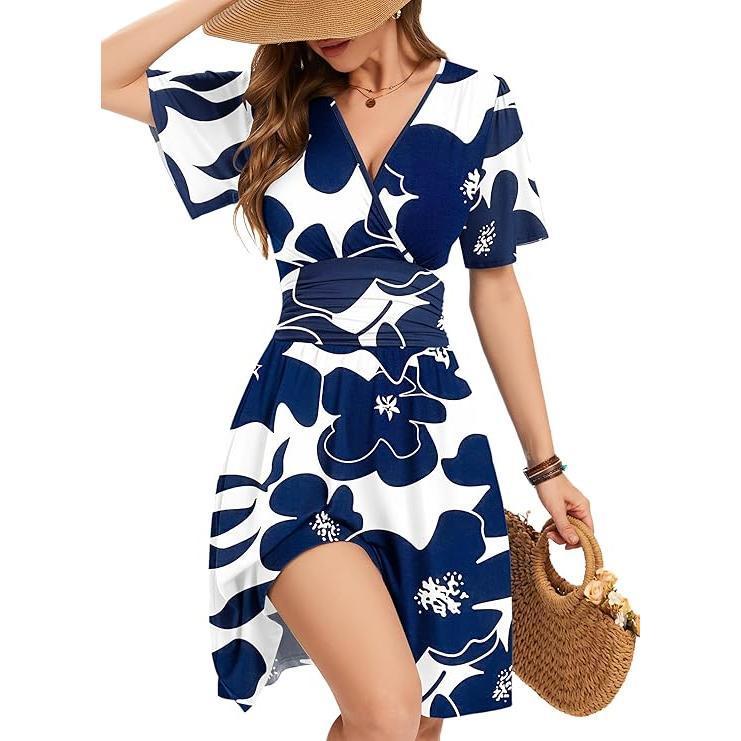 ⏰ 50 % RABATT – Nur für kurze Zeit 🌸 Damen Sommerkleid mit V-Ausschnitt ✨ Florales Muster, Rüschenärmel, Wickeloptik & Praktische Taschen
