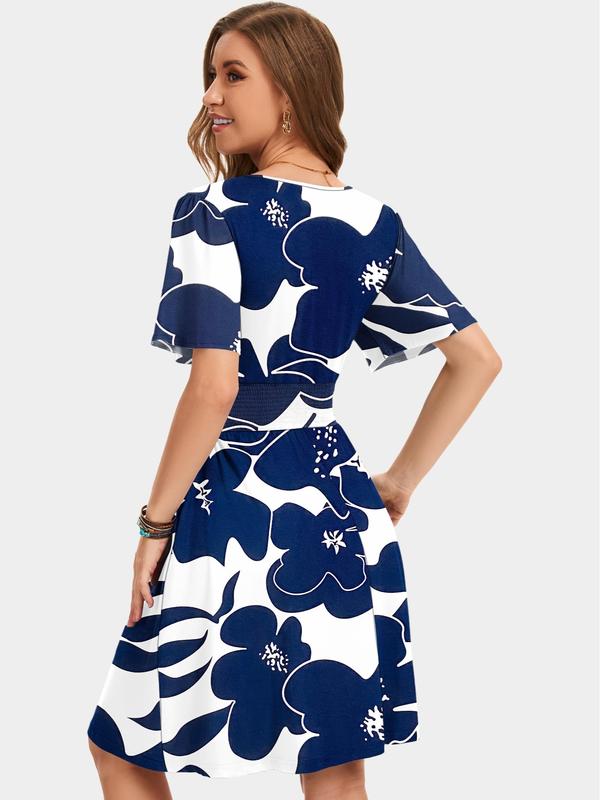 ⏰ 50 % RABATT – Nur für kurze Zeit 🌸 Damen Sommerkleid mit V-Ausschnitt ✨ Florales Muster, Rüschenärmel, Wickeloptik & Praktische Taschen