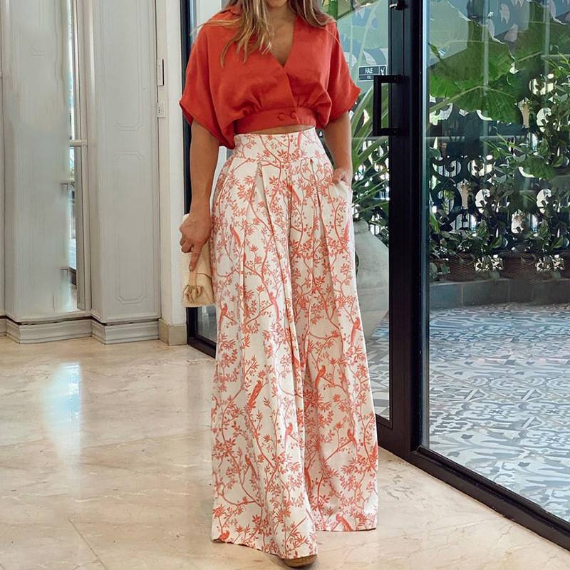 👗 50% Rabatt ✨ Damen-Zweiteiler — V-Ausschnitt Top + weite Hose mit Print 🌸