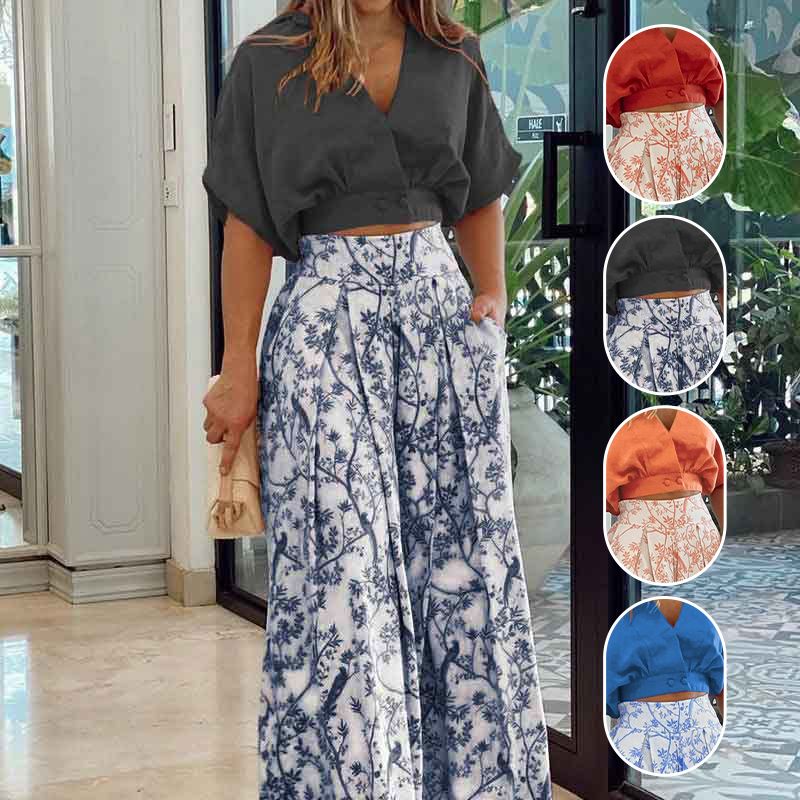 👗 50% Rabatt ✨ Damen-Zweiteiler — V-Ausschnitt Top + weite Hose mit Print 🌸