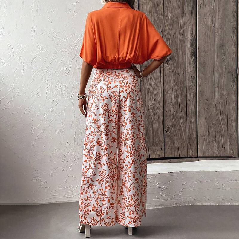👗 50% Rabatt ✨ Damen-Zweiteiler — V-Ausschnitt Top + weite Hose mit Print 🌸