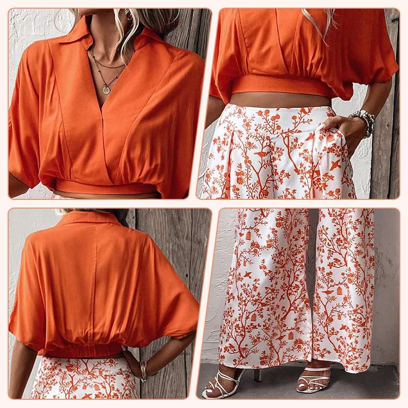 👗 50% Rabatt ✨ Damen-Zweiteiler — V-Ausschnitt Top + weite Hose mit Print 🌸