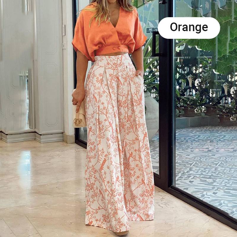 👗 50% Rabatt ✨ Damen-Zweiteiler — V-Ausschnitt Top + weite Hose mit Print 🌸