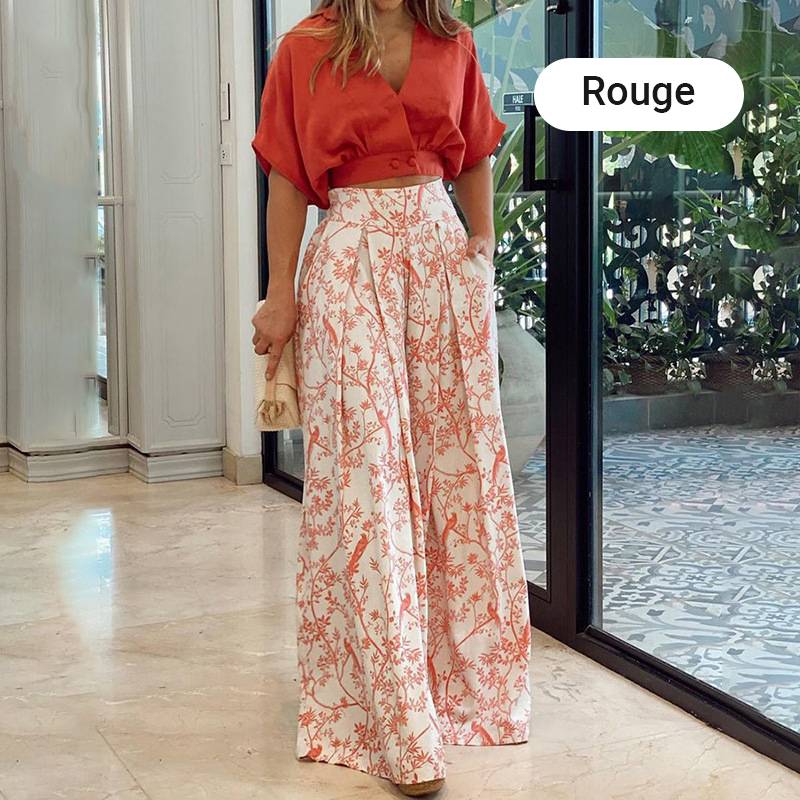 👗 50% Rabatt ✨ Damen-Zweiteiler — V-Ausschnitt Top + weite Hose mit Print 🌸
