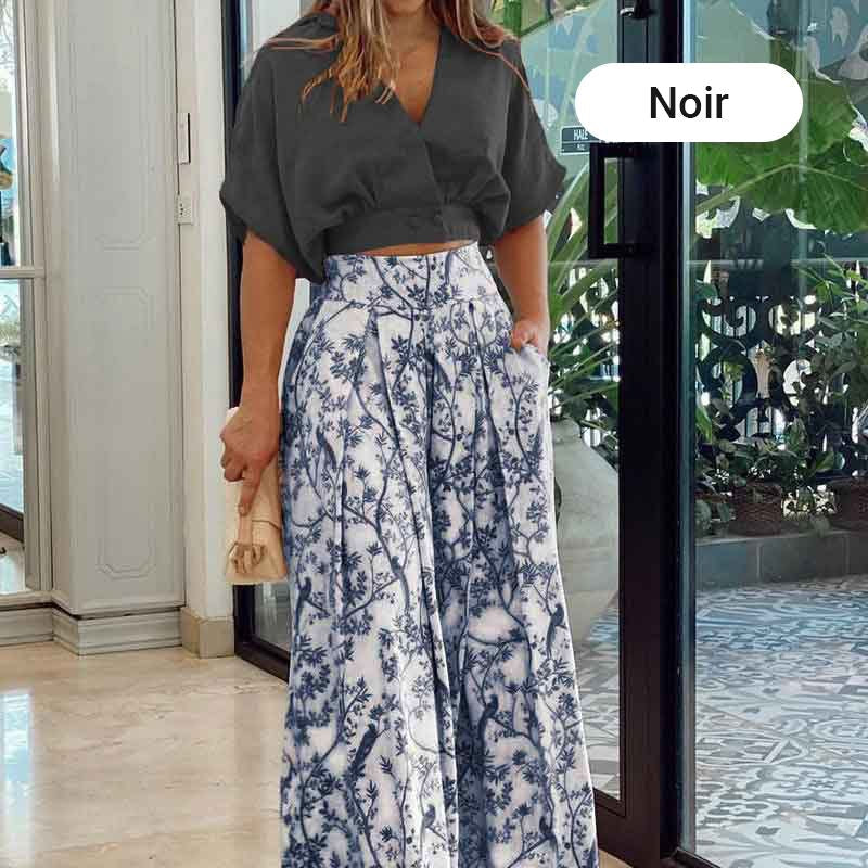 👗 50% Rabatt ✨ Damen-Zweiteiler — V-Ausschnitt Top + weite Hose mit Print 🌸