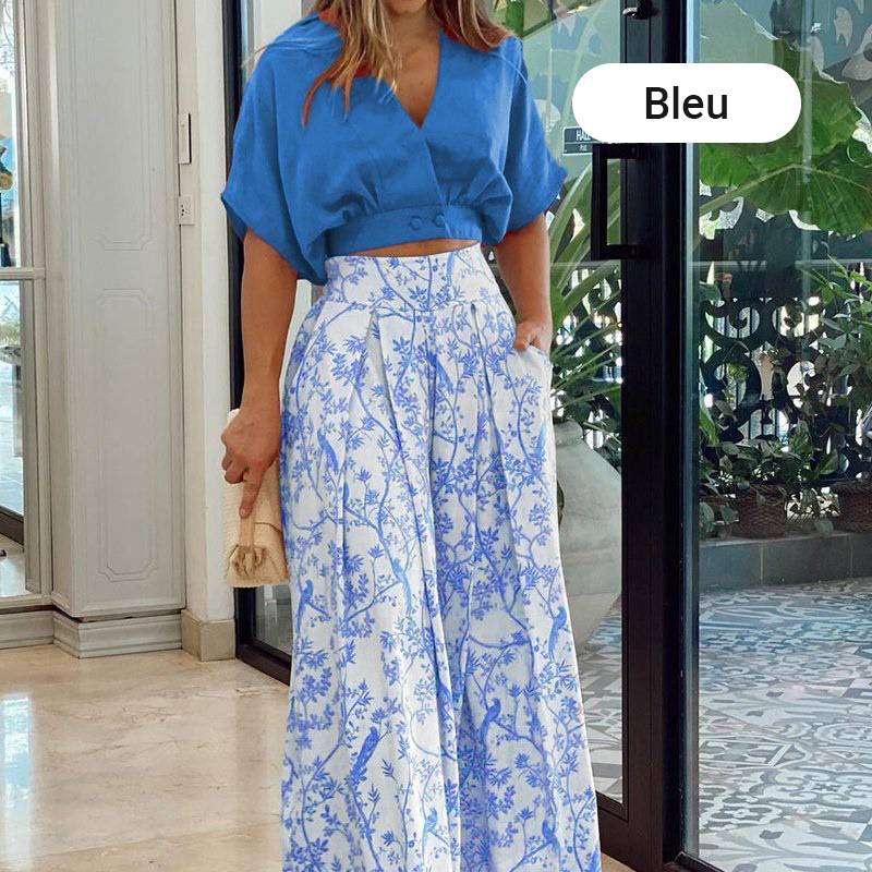 👗 50% Rabatt ✨ Damen-Zweiteiler — V-Ausschnitt Top + weite Hose mit Print 🌸