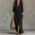 👗 Zeitloses Langkleid mit Reverskragen & seitlichem Schlitz – einfarbig, leicht & elegant für Frühling/Sommer, Büro & Freizeit 🌸☀️