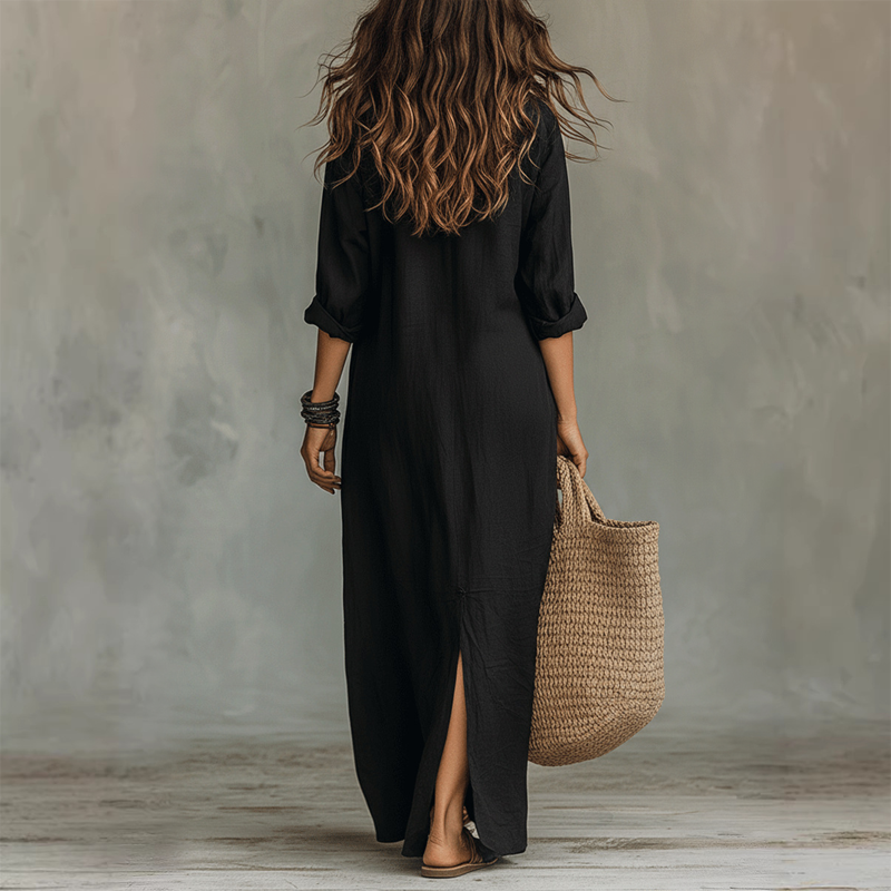 👗 Zeitloses Langkleid mit Reverskragen & seitlichem Schlitz – einfarbig, leicht & elegant für Frühling/Sommer, Büro & Freizeit 🌸☀️