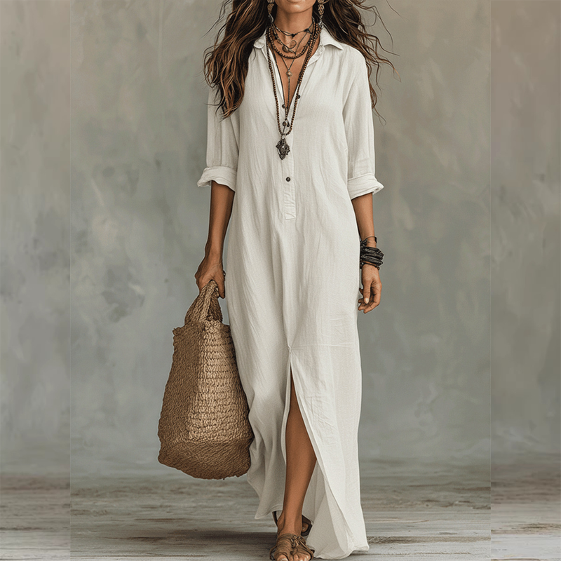 👗 Zeitloses Langkleid mit Reverskragen & seitlichem Schlitz – einfarbig, leicht & elegant für Frühling/Sommer, Büro & Freizeit 🌸☀️