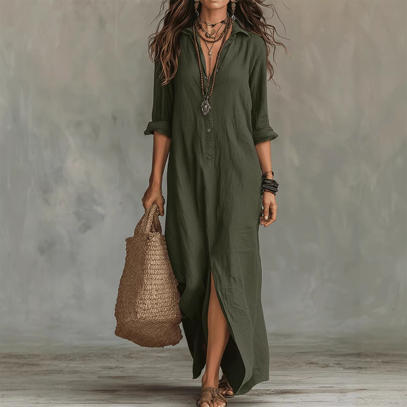 👗 Zeitloses Langkleid mit Reverskragen & seitlichem Schlitz – einfarbig, leicht & elegant für Frühling/Sommer, Büro & Freizeit 🌸☀️
