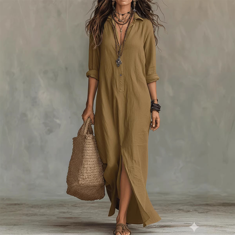 👗 Zeitloses Langkleid mit Reverskragen & seitlichem Schlitz – einfarbig, leicht & elegant für Frühling/Sommer, Büro & Freizeit 🌸☀️
