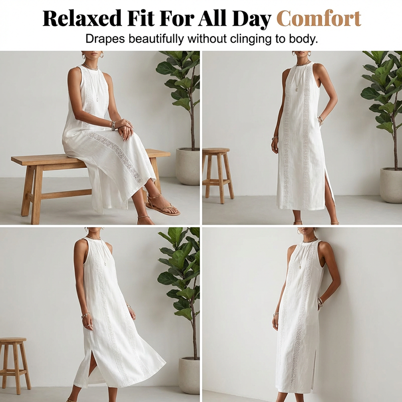 🌸 50 % Rabatt! 👗 Damen Neckholder-Midikleid mit Spitzeneinsatz ✨ Feminin, Leicht & Elegant für Sommer und Freizeit