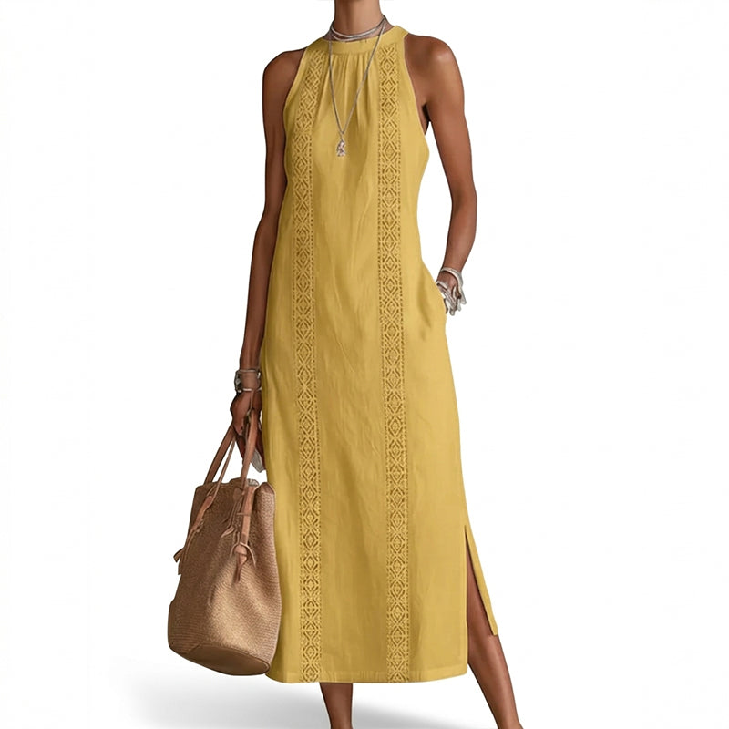🌸 50 % Rabatt! 👗 Damen Neckholder-Midikleid mit Spitzeneinsatz ✨ Feminin, Leicht & Elegant für Sommer und Freizeit