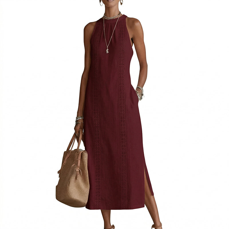 🌸 50 % Rabatt! 👗 Damen Neckholder-Midikleid mit Spitzeneinsatz ✨ Feminin, Leicht & Elegant für Sommer und Freizeit