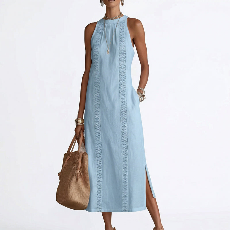 🌸 50 % Rabatt! 👗 Damen Neckholder-Midikleid mit Spitzeneinsatz ✨ Feminin, Leicht & Elegant für Sommer und Freizeit