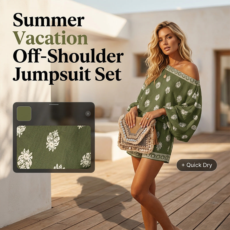👗 50% RABATT! 🌸 Bohème Jumpsuit-Set mit Off-Shoulder & Vintage-Print – Sommer-Traum – Fließend, luftig & perfekt für Festivals, Strand oder warme Urlaubsnächte ☀️