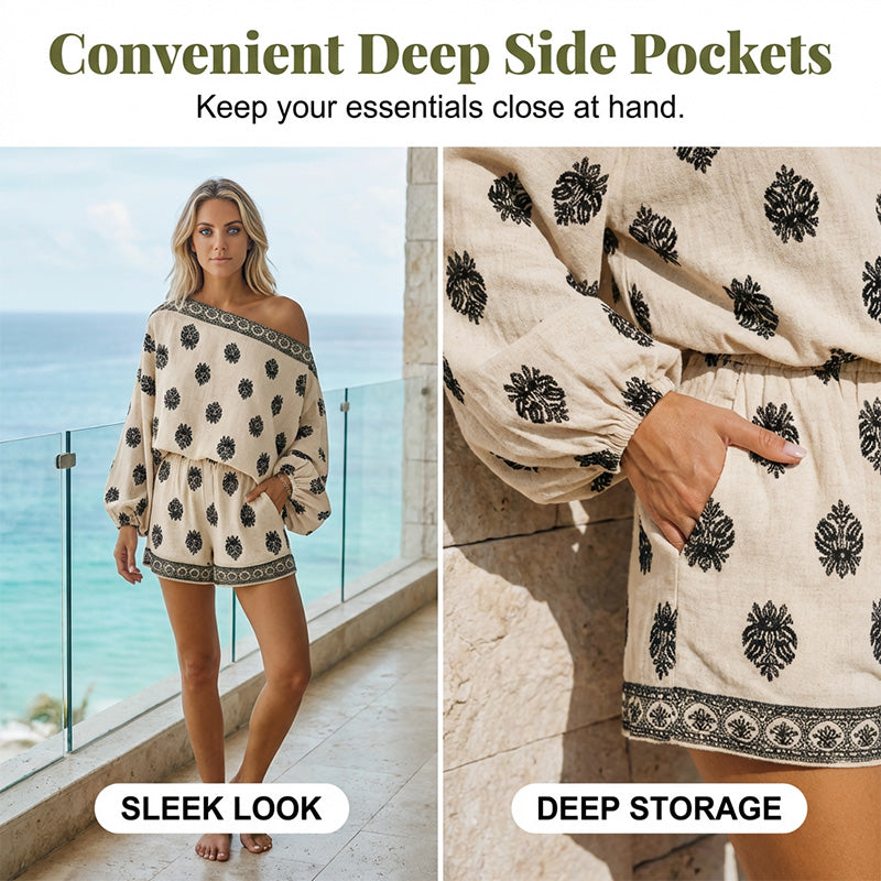 👗 50% RABATT! 🌸 Bohème Jumpsuit-Set mit Off-Shoulder & Vintage-Print – Sommer-Traum – Fließend, luftig & perfekt für Festivals, Strand oder warme Urlaubsnächte ☀️