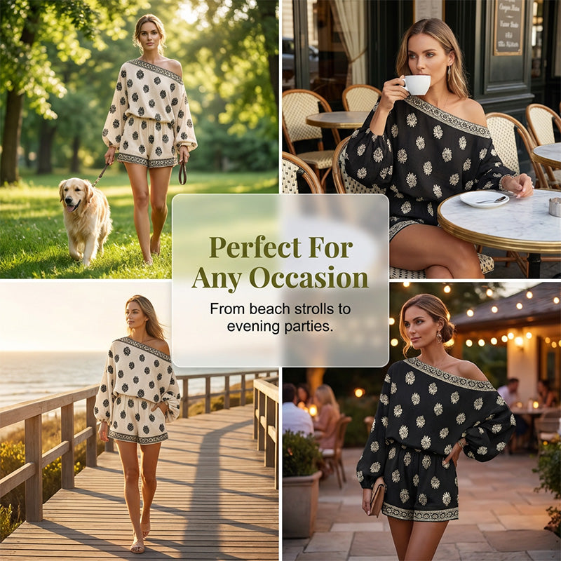 👗 50% RABATT! 🌸 Bohème Jumpsuit-Set mit Off-Shoulder & Vintage-Print – Sommer-Traum – Fließend, luftig & perfekt für Festivals, Strand oder warme Urlaubsnächte ☀️