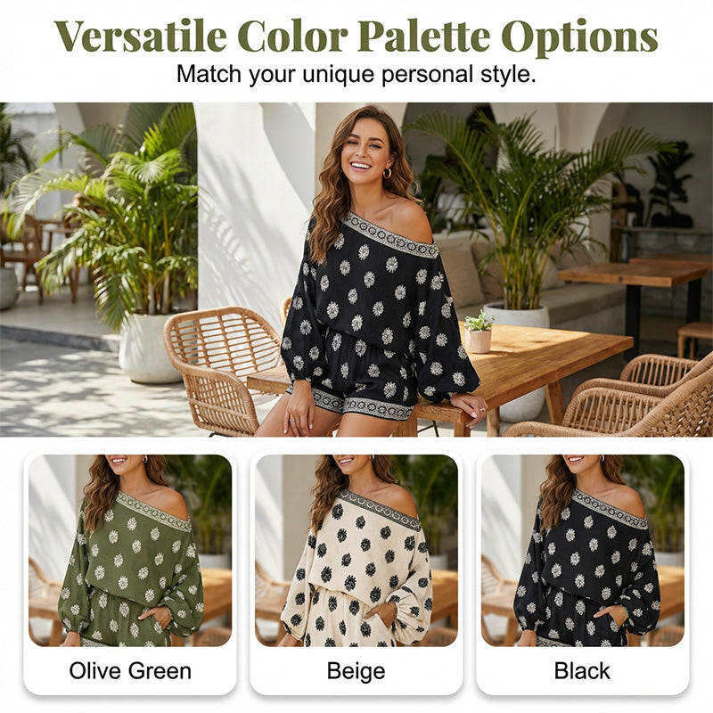 👗 50% RABATT! 🌸 Bohème Jumpsuit-Set mit Off-Shoulder & Vintage-Print – Sommer-Traum – Fließend, luftig & perfekt für Festivals, Strand oder warme Urlaubsnächte ☀️