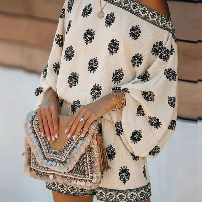 👗 50% RABATT! 🌸 Bohème Jumpsuit-Set mit Off-Shoulder & Vintage-Print – Sommer-Traum – Fließend, luftig & perfekt für Festivals, Strand oder warme Urlaubsnächte ☀️