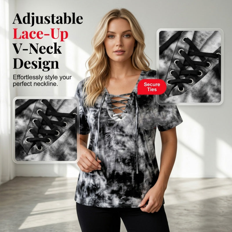 📢📢50% RABATT!! ⏰Tie-Dye-T-Shirt für Damen mit Schnürung und V-Ausschnitt