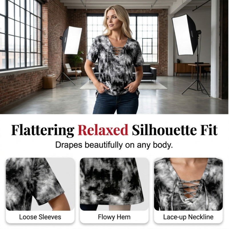 📢📢50% RABATT!! ⏰Tie-Dye-T-Shirt für Damen mit Schnürung und V-Ausschnitt