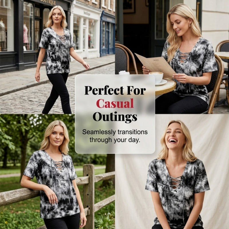 📢📢50% RABATT!! ⏰Tie-Dye-T-Shirt für Damen mit Schnürung und V-Ausschnitt
